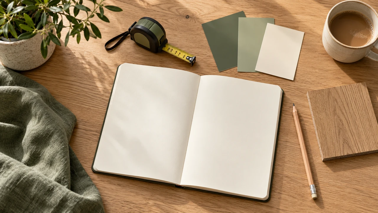 Blank project notebook, measuring tape, paint swatches and an oak sample
