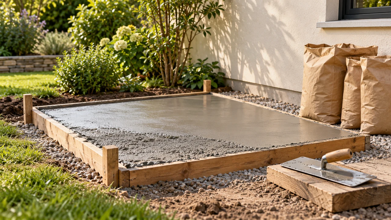 A small concrete pad in timber forms beside a finishing trowel