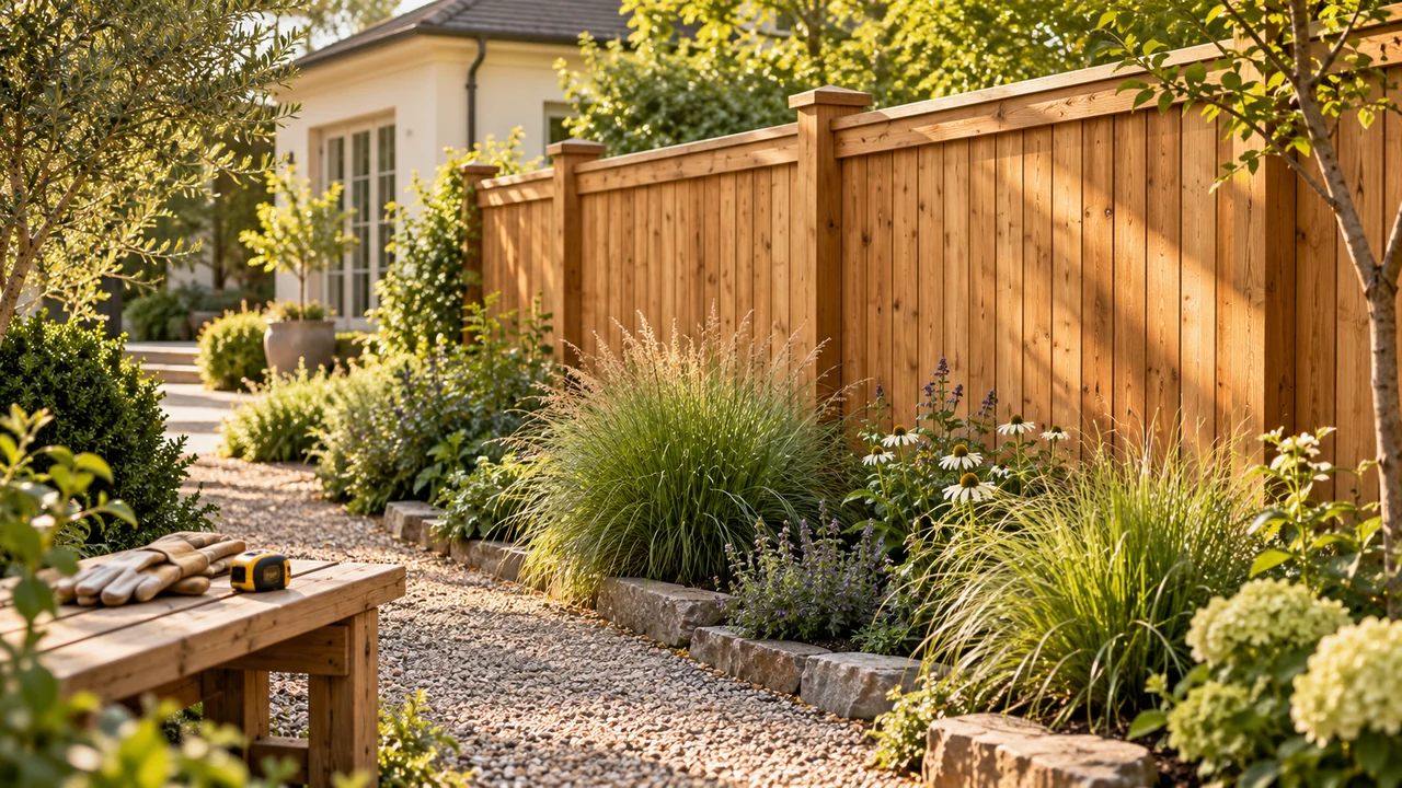A timber garden fence beside a planted border and gravel path