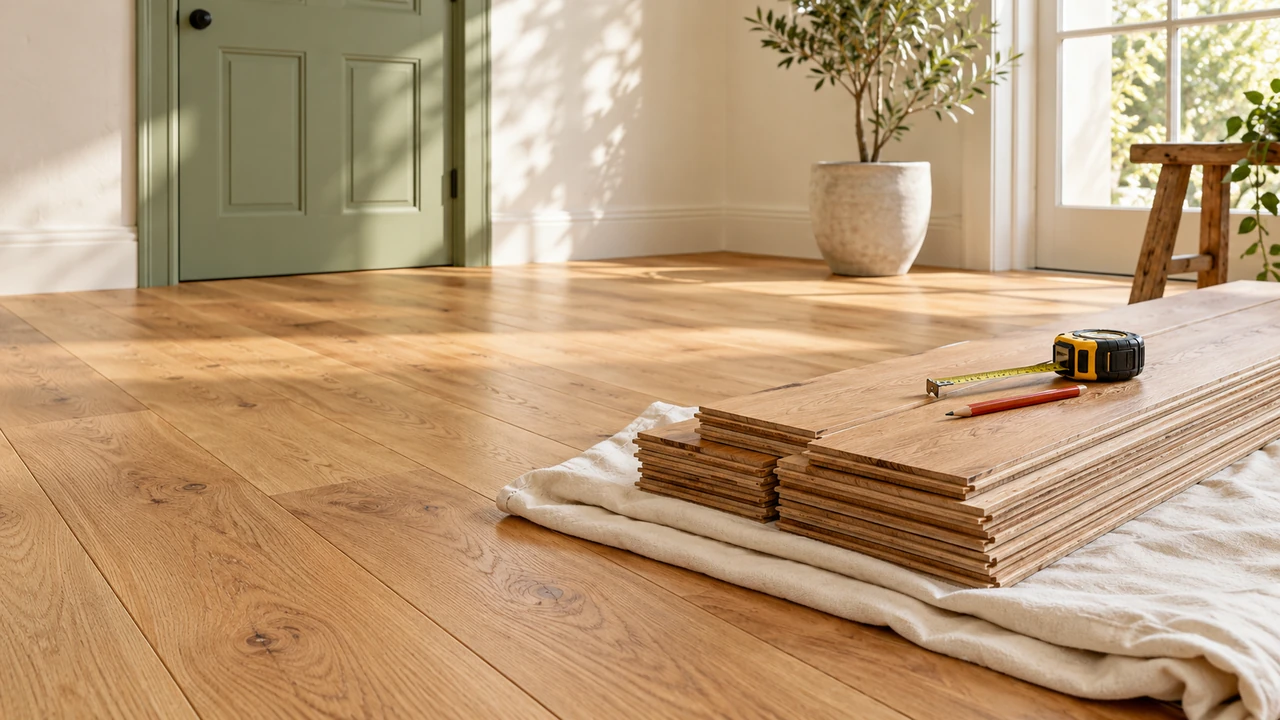 Oak flooring with spare planks and a measuring tape
