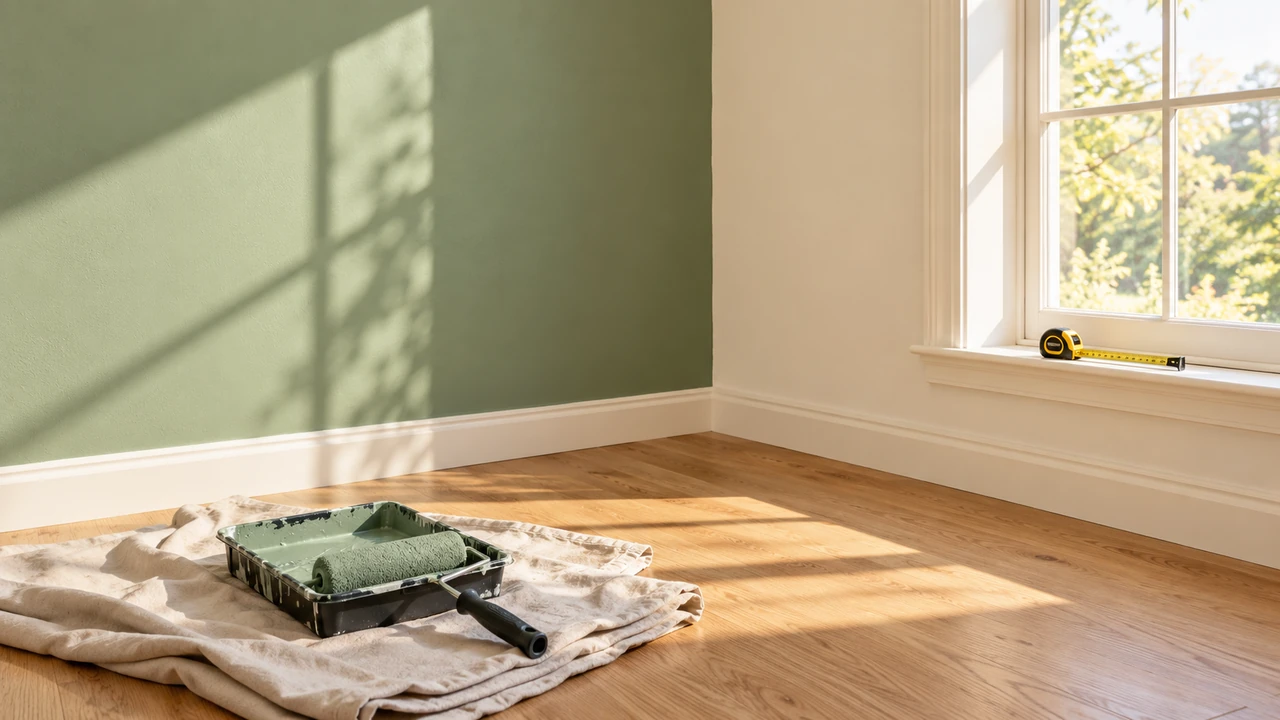 Paint tray and roller beside a freshly painted sage wall