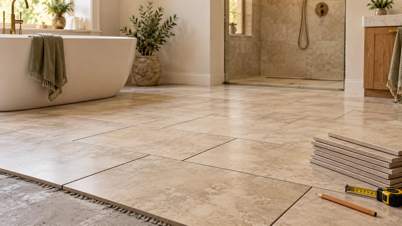 Warm beige floor tiles and a neat stack of spare tiles