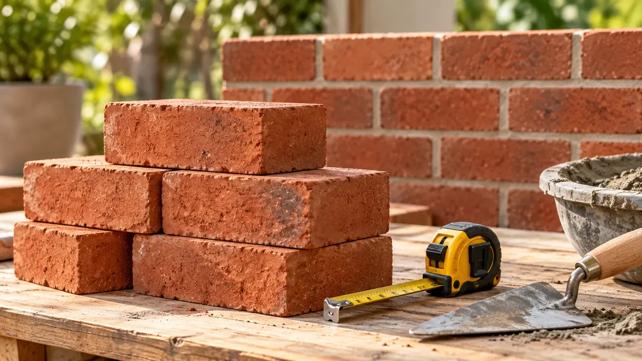 Red clay bricks stacked beside a tape measure and masonry trowel, with a brick sample panel behind.