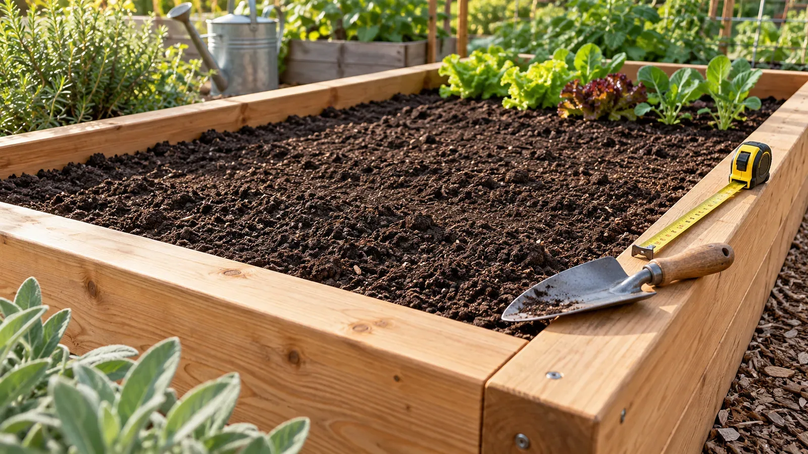 Wooden raised garden bed filled below the rim with soil, beside a trowel and tape measure.